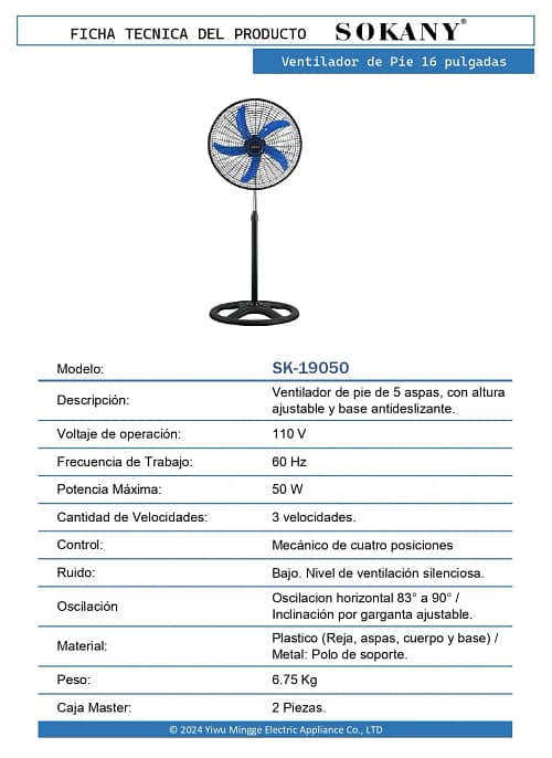 01 FT Ventilador de Pie 16 pulgadas SK 19050 OP
